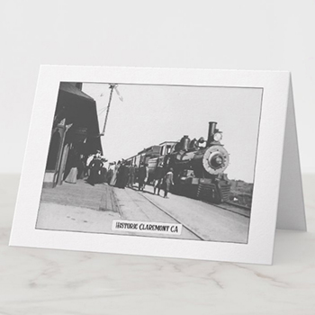 Note Card - Early 1900s steam engine at original depot in Claremont CA