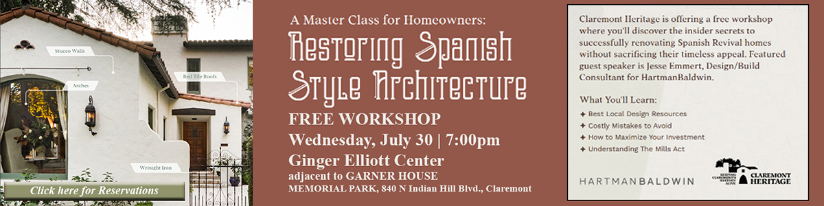 Restoring Spanish Style Architecture workshop Wed July 31 at 7:00pm